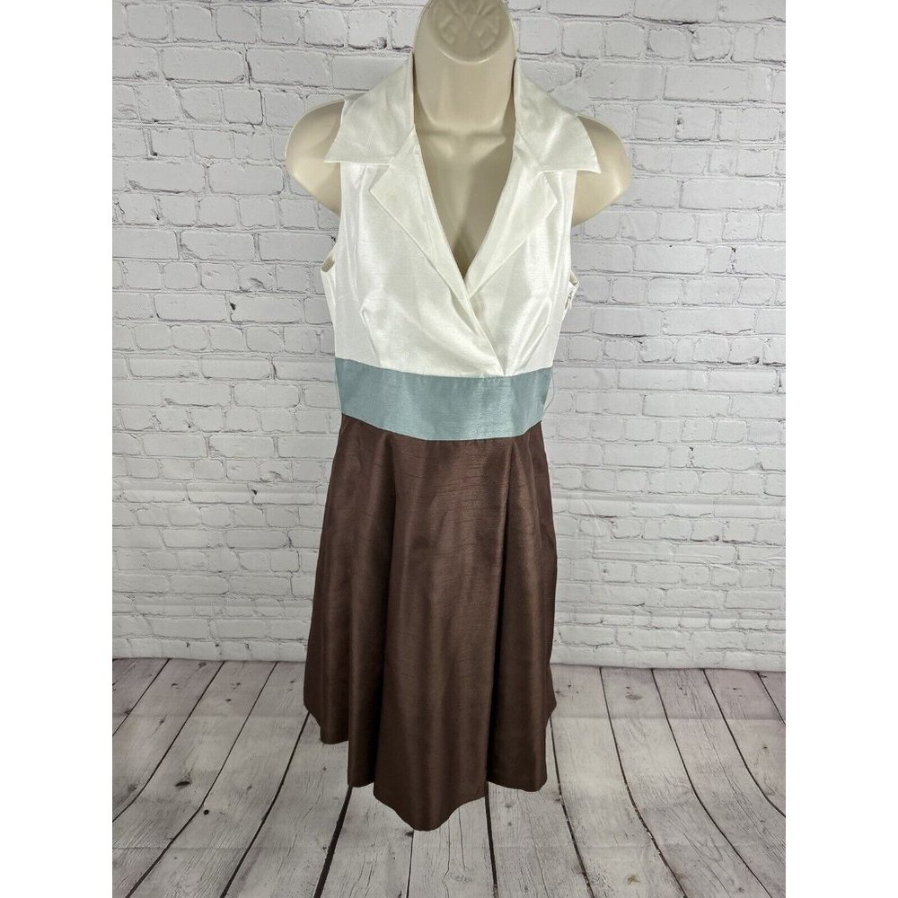 Willow Glenn White Blue Brown Lined Collared Sleeveless A Line Dress Women’s 4P